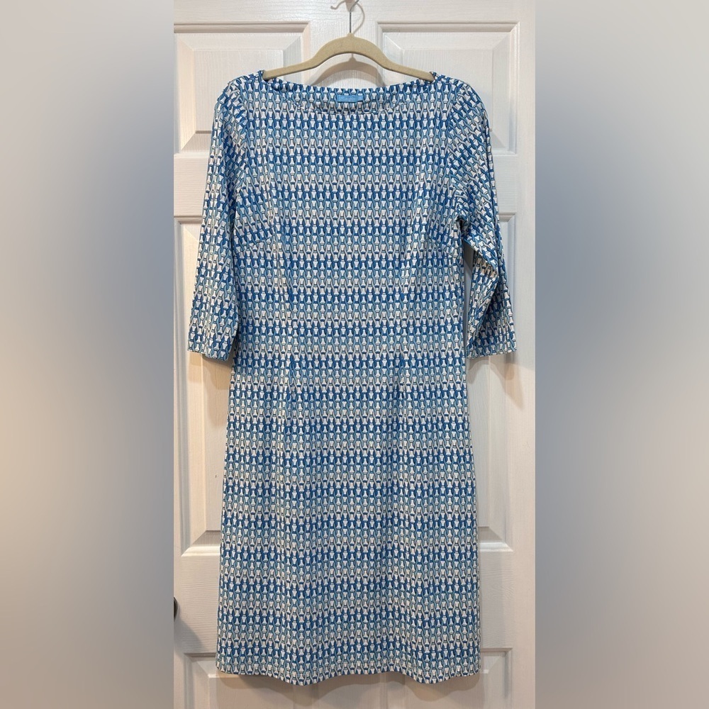 J.McLaughlin Sophia Catalina Cloth Dress Sz M Blue Link Pattern Summer Cocktail